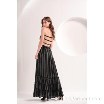 Vestido maxi listrado vertical em preto e branco